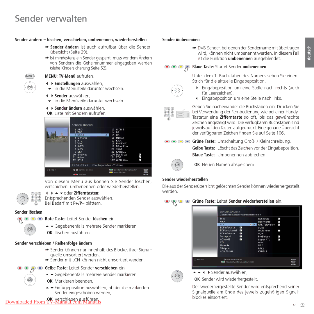 Loewe Xelos 32 LED manual Sender löschen Rote Taste Leitet Sender löschen ein, Sender verschieben / Reihenfolge ändern 