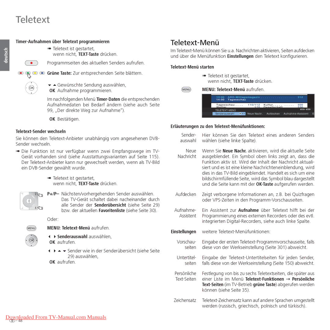 Loewe Xelos 40 LED, Xelos 32 LED manual Teletext-Menü 