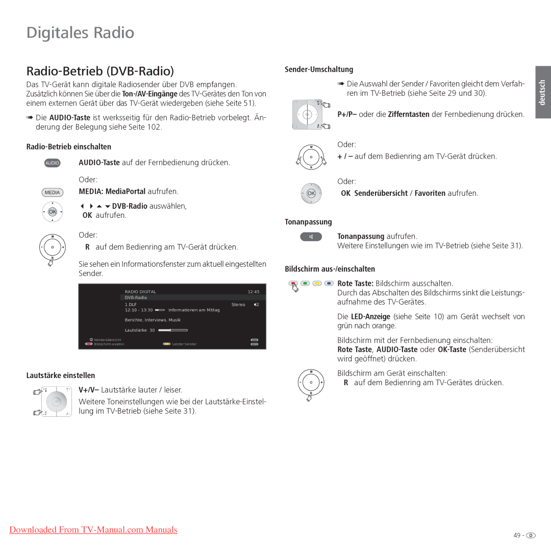 Loewe Xelos 32 LED, Xelos 40 LED Digitales Radio, Radio-Betrieb DVB-Radio, Radio-Betrieb einschalten, Sender-Umschaltung 