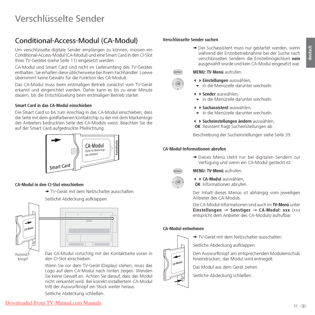 Loewe Xelos 32 LED, Xelos 40 LED manual Verschlüsselte Sender, Conditional-Access-Modul CA-Modul 