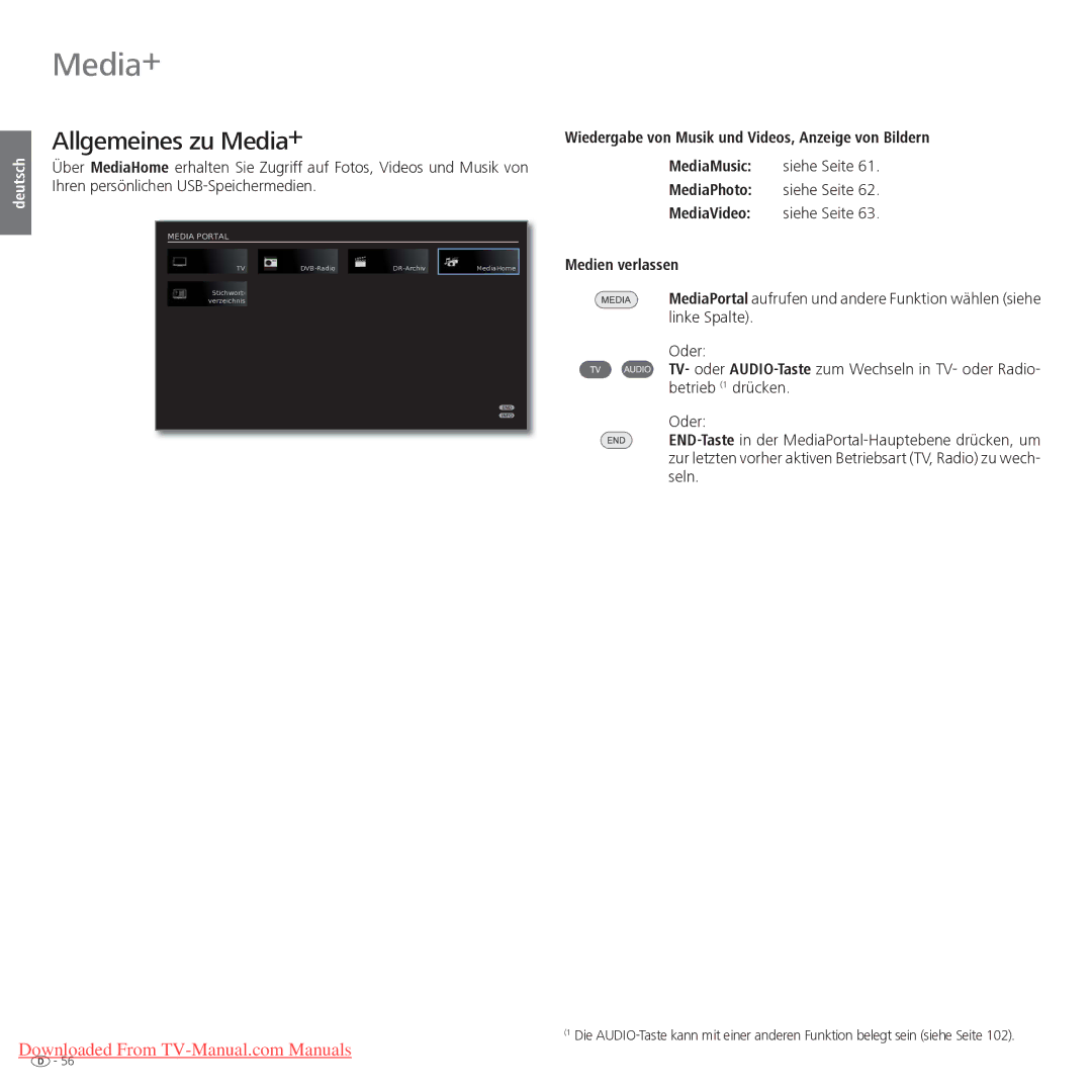 Loewe Xelos 40 LED, Xelos 32 LED manual Allgemeines zu Media+, MediaPhoto, MediaVideo, Medien verlassen 