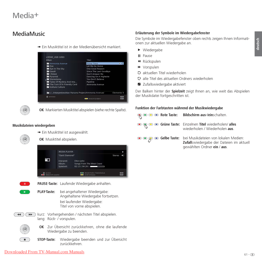 Loewe Xelos 32 LED, Xelos 40 LED manual MediaMusic, Erläuterung der Symbole im Wiedergabefenster, Musikdateien wiedergeben 