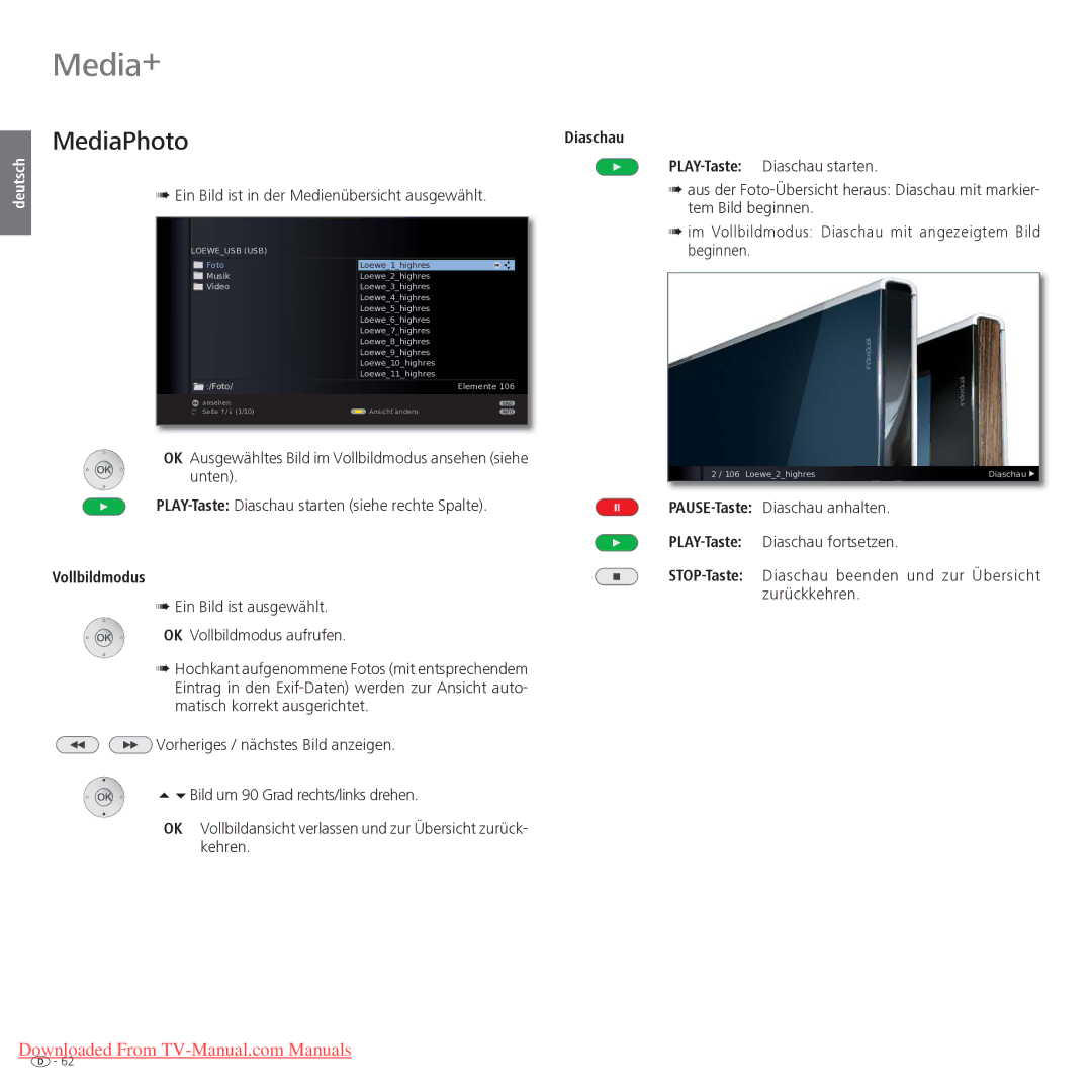 Loewe Xelos 40 LED, Xelos 32 LED manual Ein Bild ist in der Medienübersicht ausgewählt, Vollbildmodus 