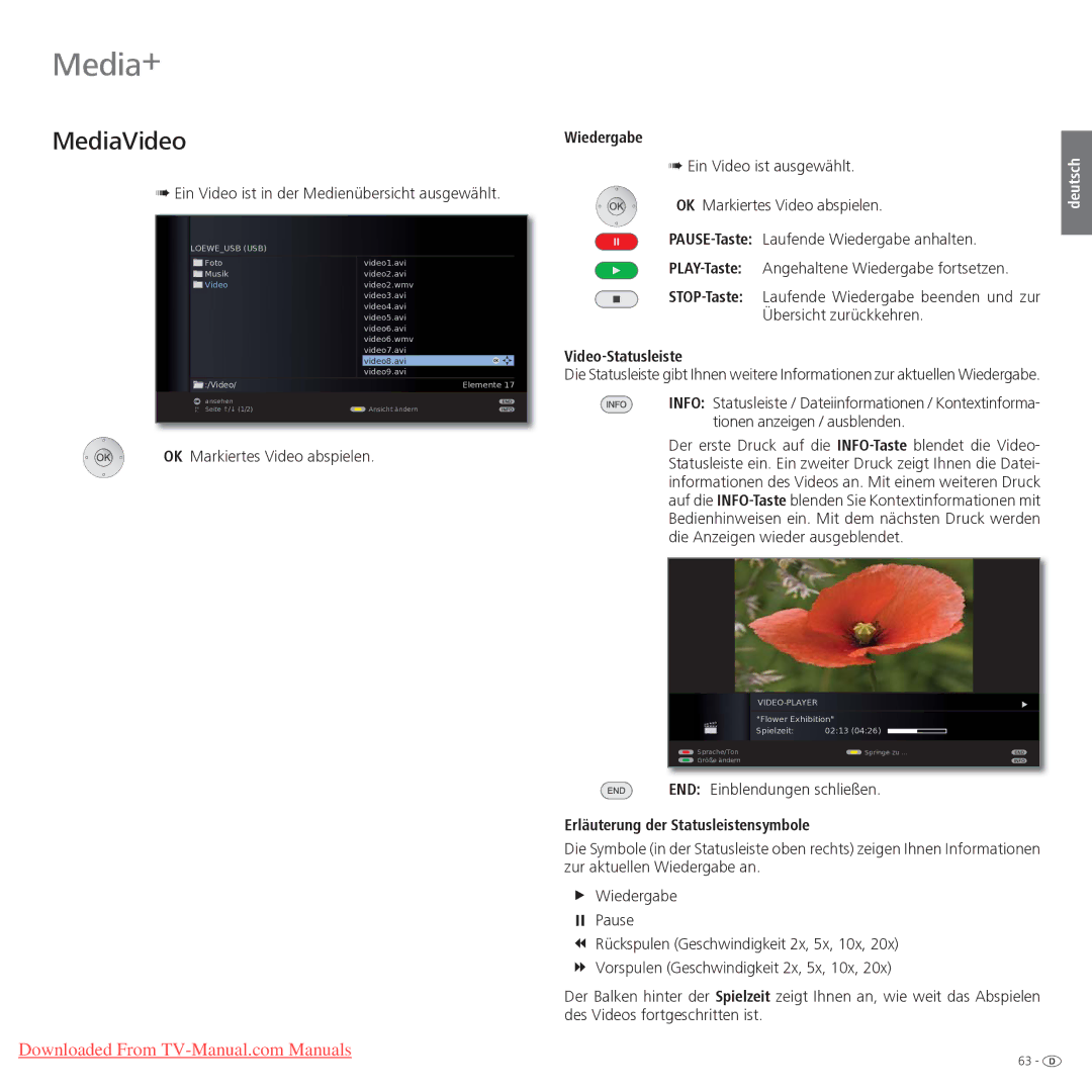 Loewe Xelos 32 LED, Xelos 40 LED manual MediaVideo, Wiedergabe, Video-Statusleiste, Erläuterung der Statusleistensymbole 