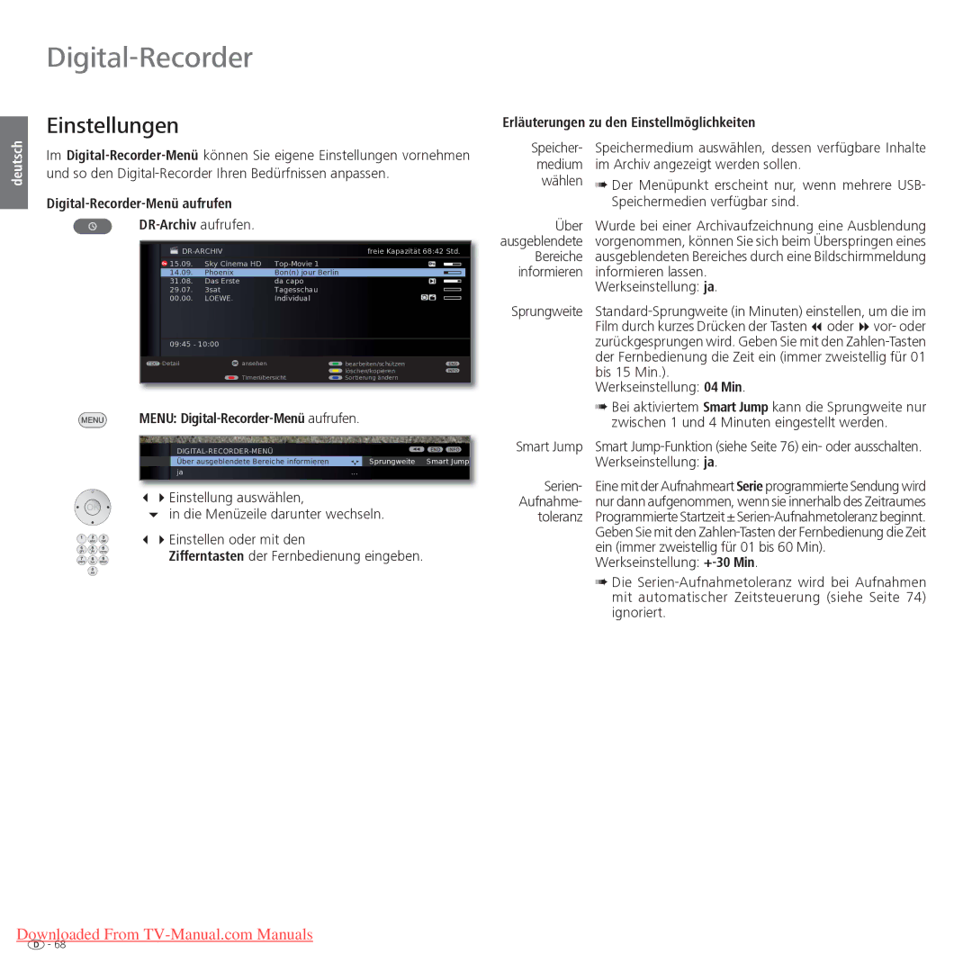 Loewe Xelos 40 LED Einstellungen, Digital-Recorder-Menü aufrufen DR-Archiv aufrufen, Menu Digital-Recorder-Menü aufrufen 