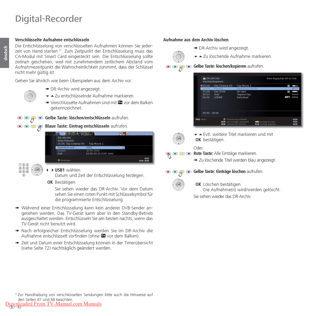 Loewe Xelos 40 LED, Xelos 32 LED manual Verschlüsselte Aufnahme entschlüsseln, Aufnahme aus dem Archiv löschen 