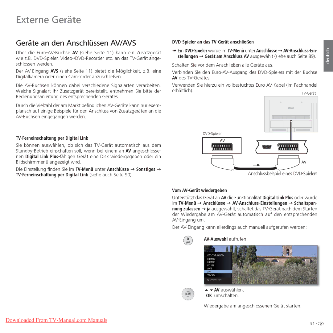 Loewe Xelos 32 LED manual Geräte an den Anschlüssen AV/AVS, TV-Ferneinschaltung per Digital Link, Vom AV-Gerät wiedergeben 