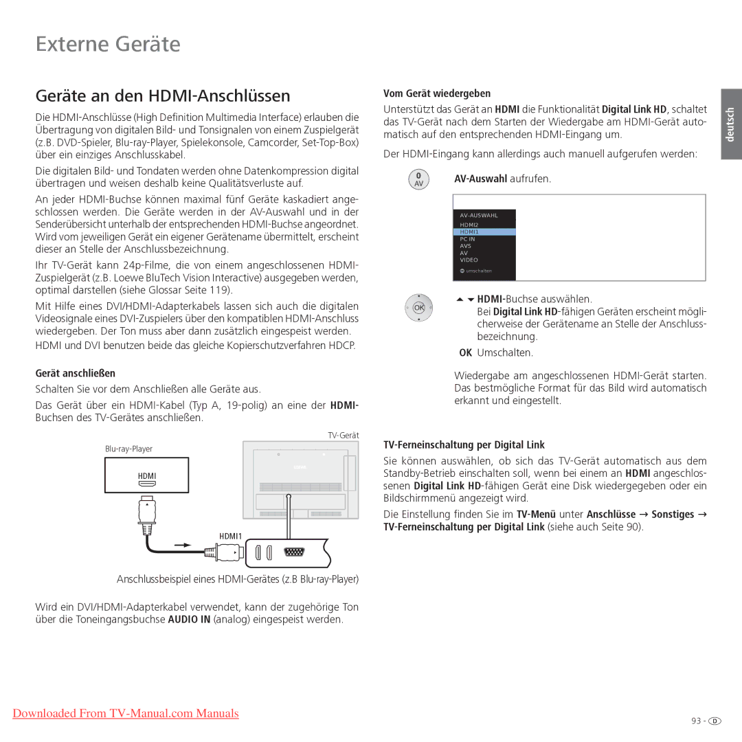 Loewe Xelos 32 LED, Xelos 40 LED manual Geräte an den HDMI-Anschlüssen, Gerät anschließen, Vom Gerät wiedergeben 