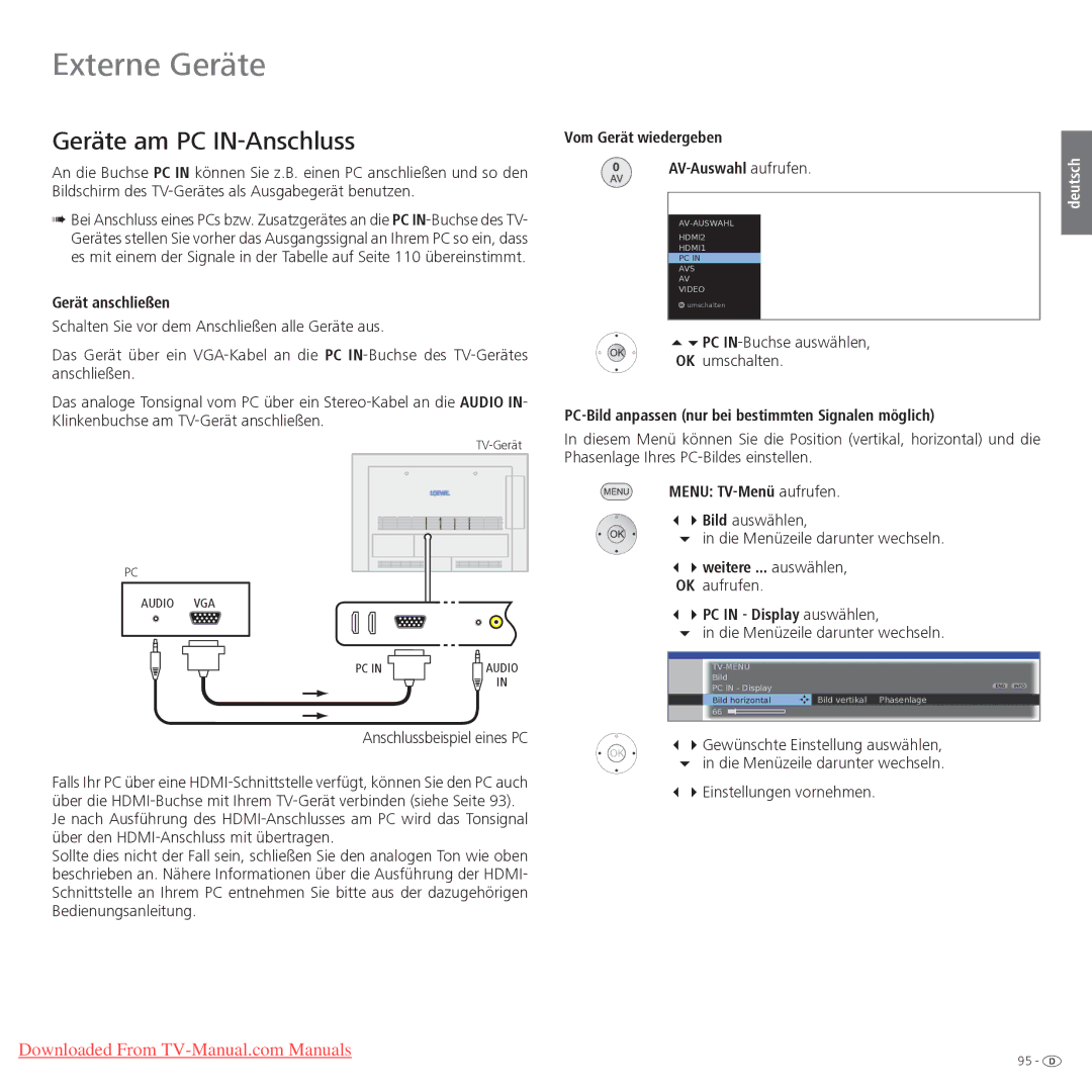 Loewe Xelos 32 LED, Xelos 40 LED manual Geräte am PC IN-Anschluss, Vom Gerät wiedergeben AV-Auswahl aufrufen 