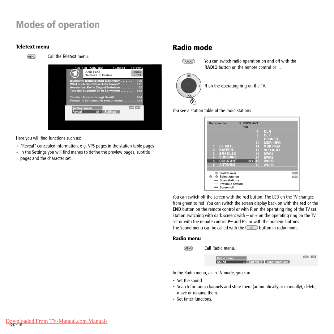 Loewe Mimo L 20 Radio mode, Teletext menu, Radio menu, Modes of operation, Downloaded From TV-Manual.com Manuals 