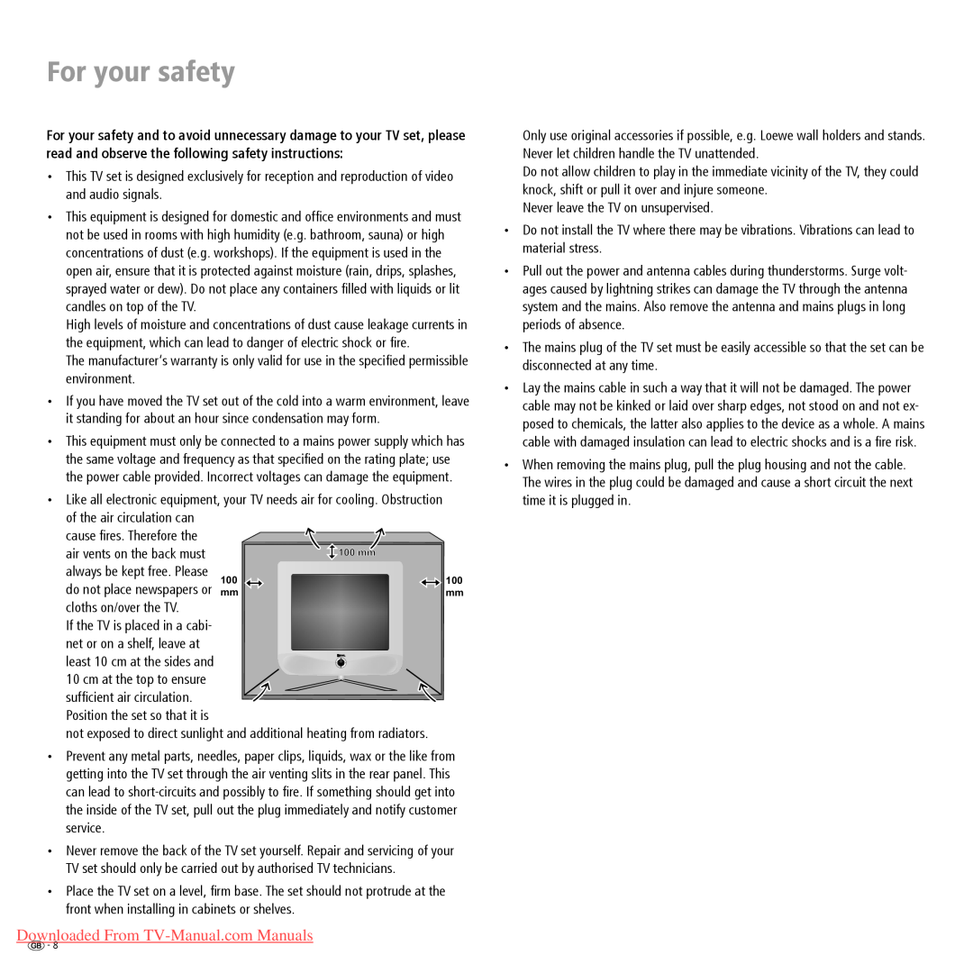 Loewe Xelos A 20 DVB-T, Mimo L 20 For your safety, cloths on/over the TV, Downloaded From TV-Manual.com Manuals 