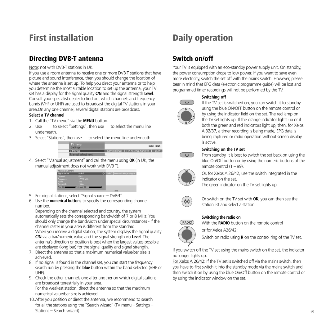 Loewe A 37, XELOS A 42, A 32, A 26 manual Daily operation, Directing DVB-T antenna, Switch on/off 