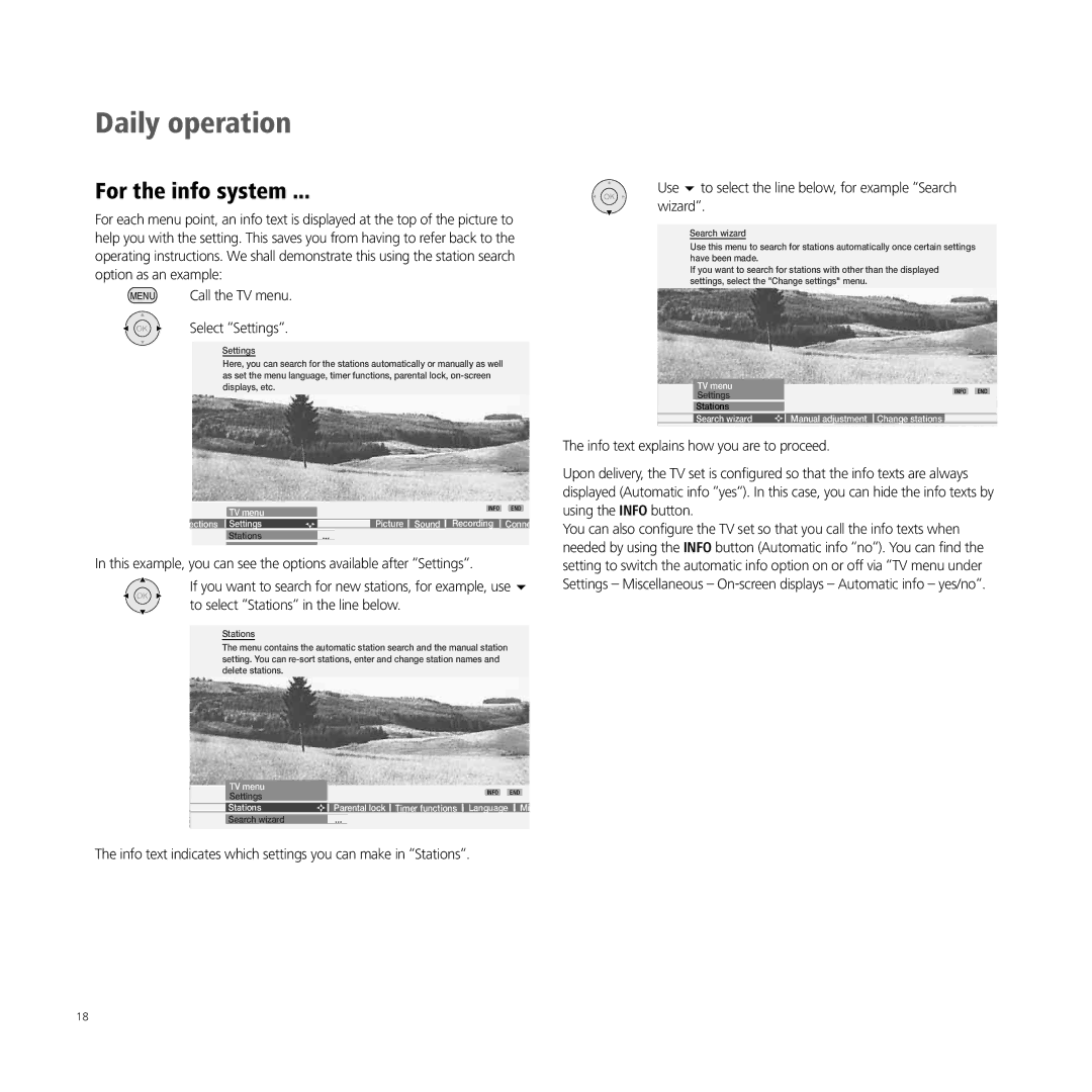 Loewe A 26, XELOS A 42, A 32, A 37 manual For the info system, To select Stations in the line below, Wizard 