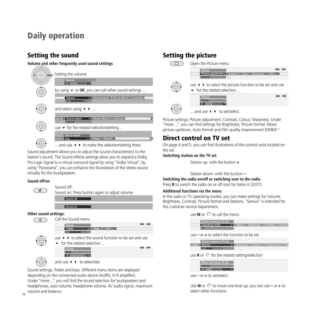 Loewe XELOS A 42, A 32, A 26, A 37 manual Setting the sound, Setting the picture, Direct control on TV set 