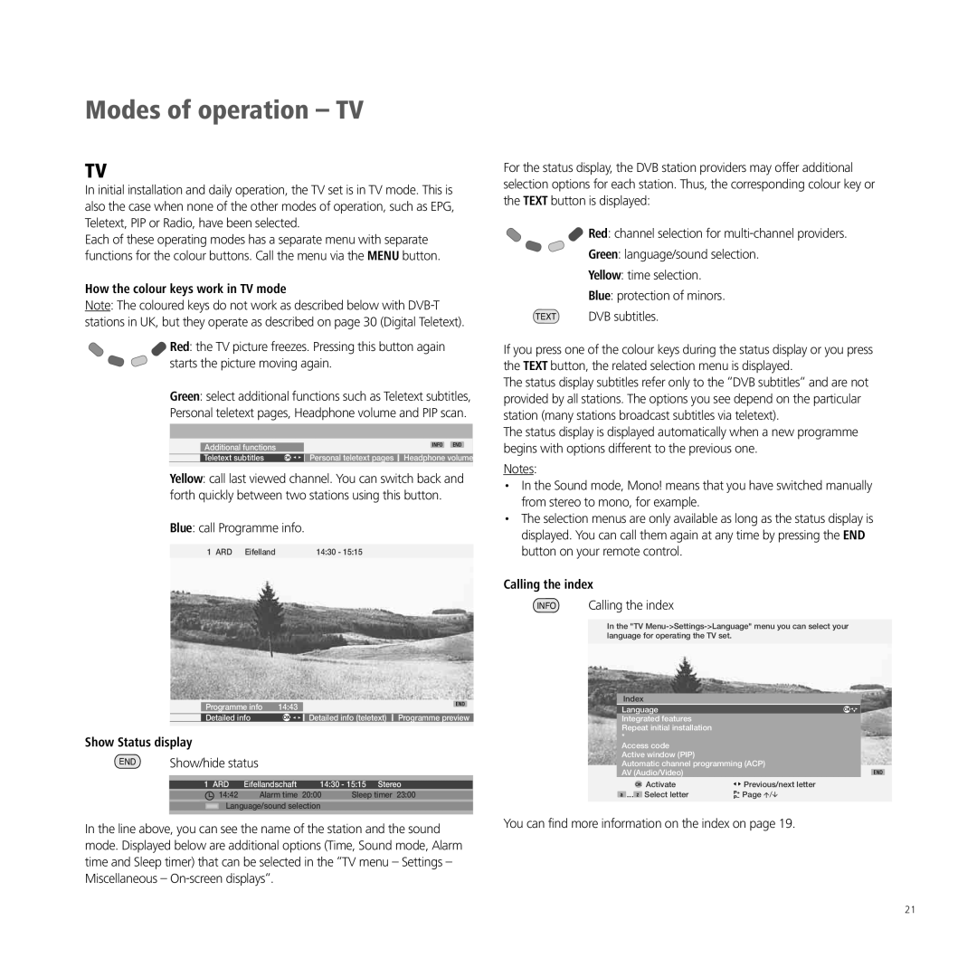 Loewe A 32, XELOS A 42 Modes of operation TV, How the colour keys work in TV mode, Show Status display, Calling the index 