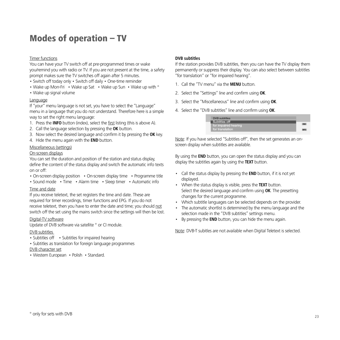 Loewe A 37, XELOS A 42, A 32, A 26 Timer functions, Call the language selection by pressing the OK button, DVB subtitles 