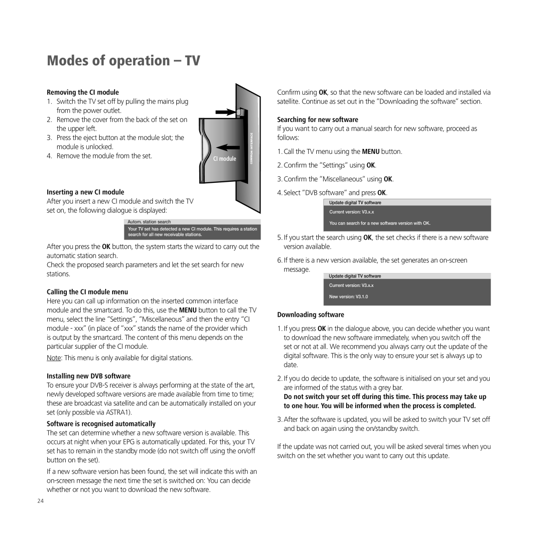 Loewe XELOS A 42 Removing the CI module, Inserting a new CI module, Searching for new software, Calling the CI module menu 