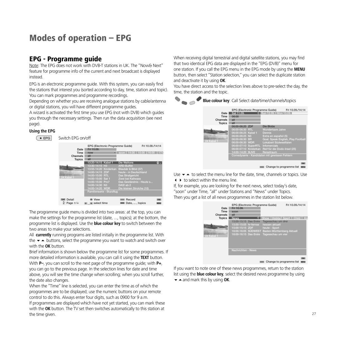 Loewe A 37, XELOS A 42, A 32, A 26 manual Modes of operation EPG, EPG Programme guide 