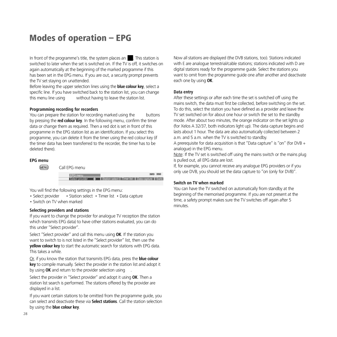 Loewe XELOS A 42, A 32, A 26 Programming recording for recorders, EPG menu, Selecting providers and stations, Data entry 