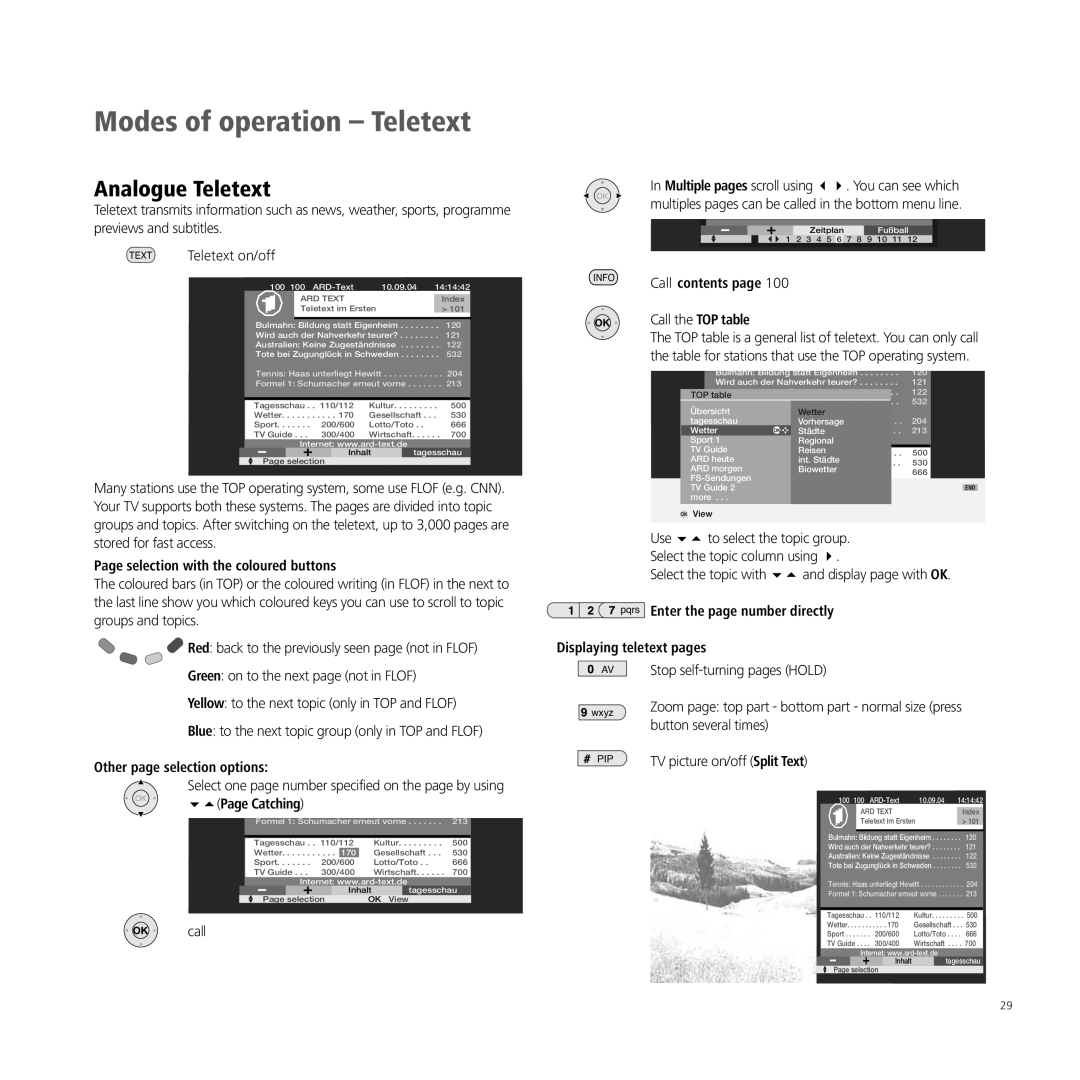 Loewe A 32, XELOS A 42, A 26, A 37 manual Modes of operation Teletext, Analogue Teletext 