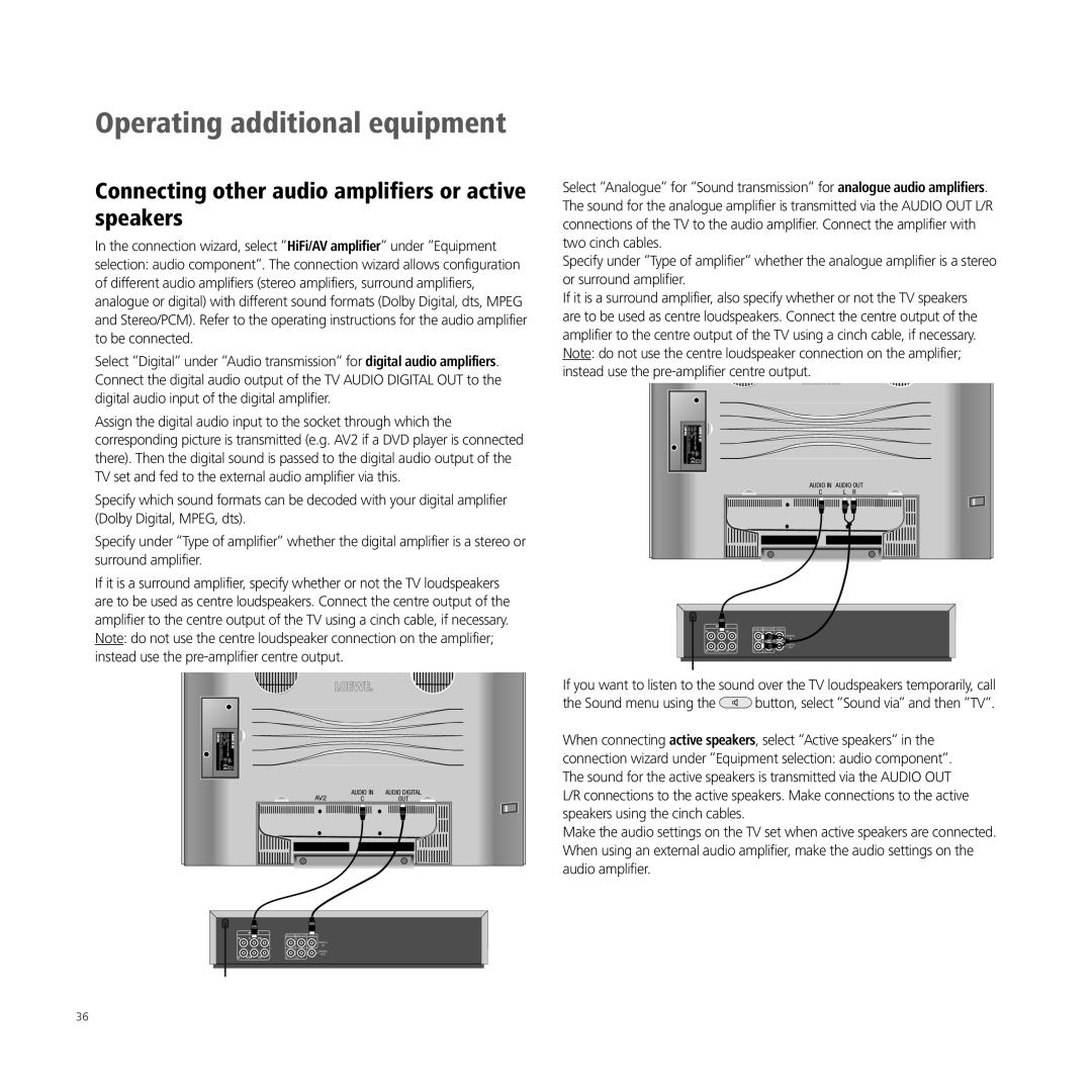 Loewe XELOS A 42, A 32, A 26, A 37 manual Connecting other audio amplifiers or active speakers 