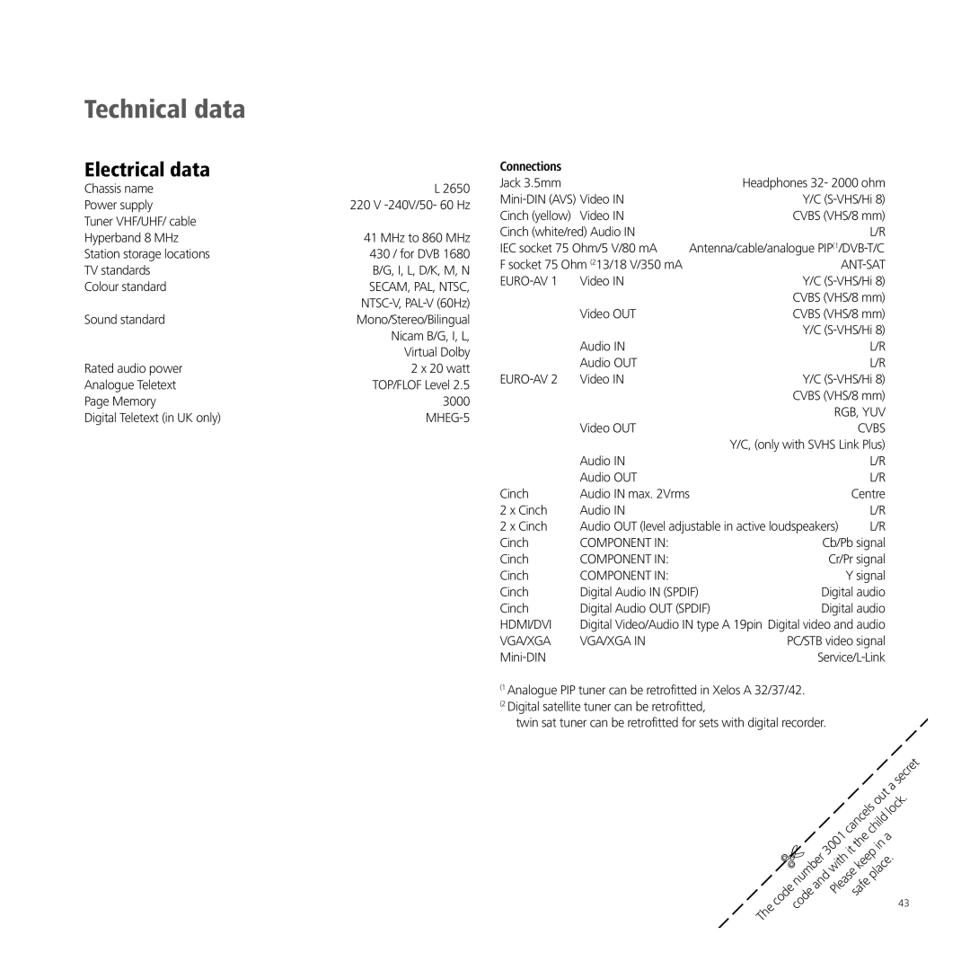 Loewe A 37, XELOS A 42, A 32, A 26 manual Electrical data, Connections 