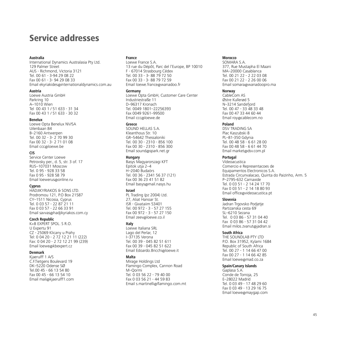 Loewe A 32, XELOS A 42, A 26, A 37 manual Service addresses, Australia France Morocco 