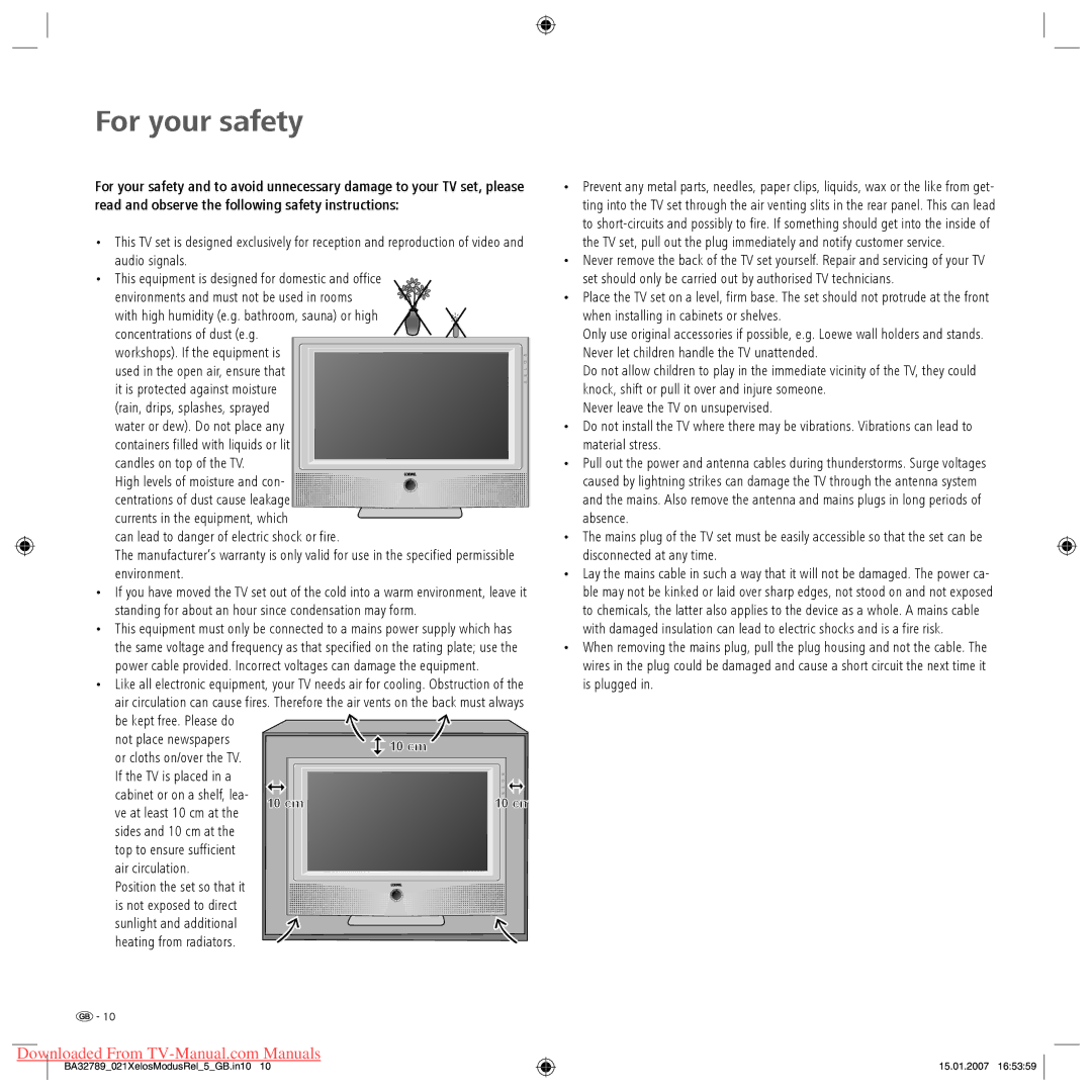 Loewe Modus L 37, XELOS A 42, Xelos A 37, Xelos A 32, Xelos A 26 For your safety, If the TV is placed in a, Air circulation 