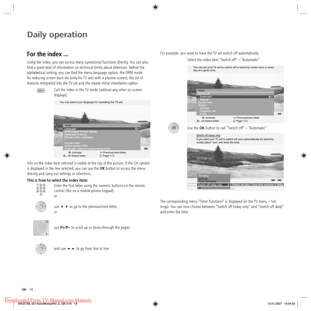 Loewe Xelos A 26 For the index, This is how to select the index item, Use P+/P- to scroll up or down through the pages 