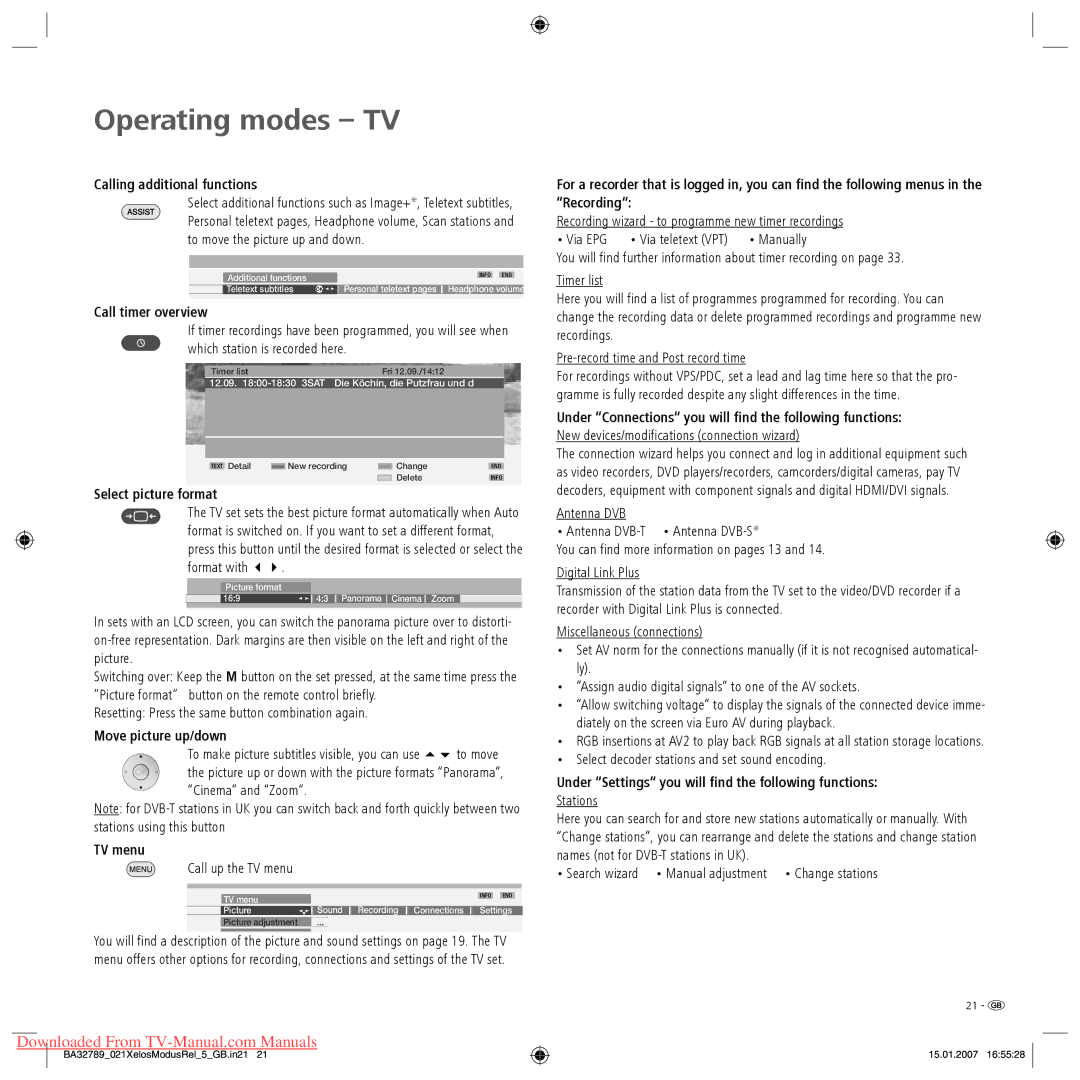 Loewe XELOS A 42 Calling additional functions, Call timer overview, Select picture format, Move picture up/down, TV menu 