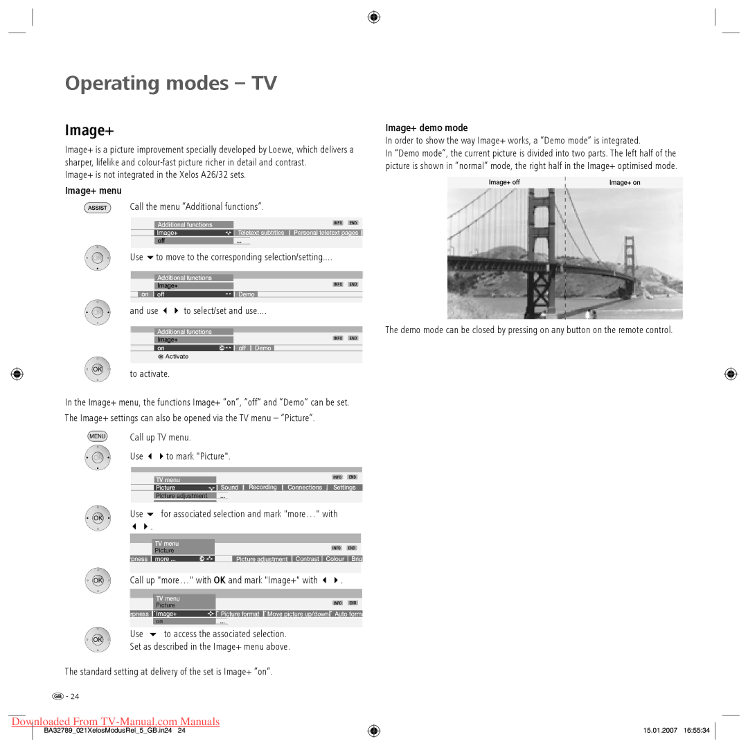 Loewe Modus L 37, XELOS A 42, Xelos A 37, Xelos A 32, Xelos A 26, Modus L 32, Modus L 42 Image+ menu, Image+ demo mode 