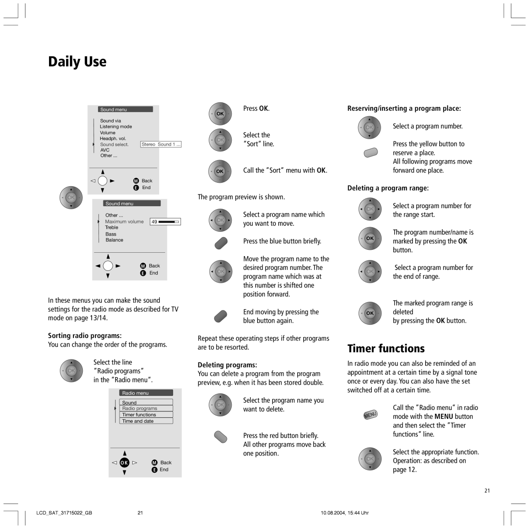 Loewe Spheros 20 SAT Timer functions, Reserving/inserting a program place, Deleting a program range, Deleting programs 