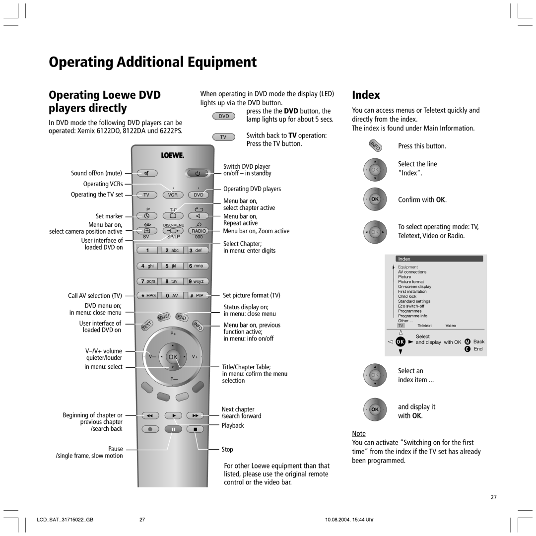 Loewe Mimo 15 SAT, Xelos SL 20 SAT, Spheros 20 SAT, Mimo 20 SAT operating instructions Players directly, Index 