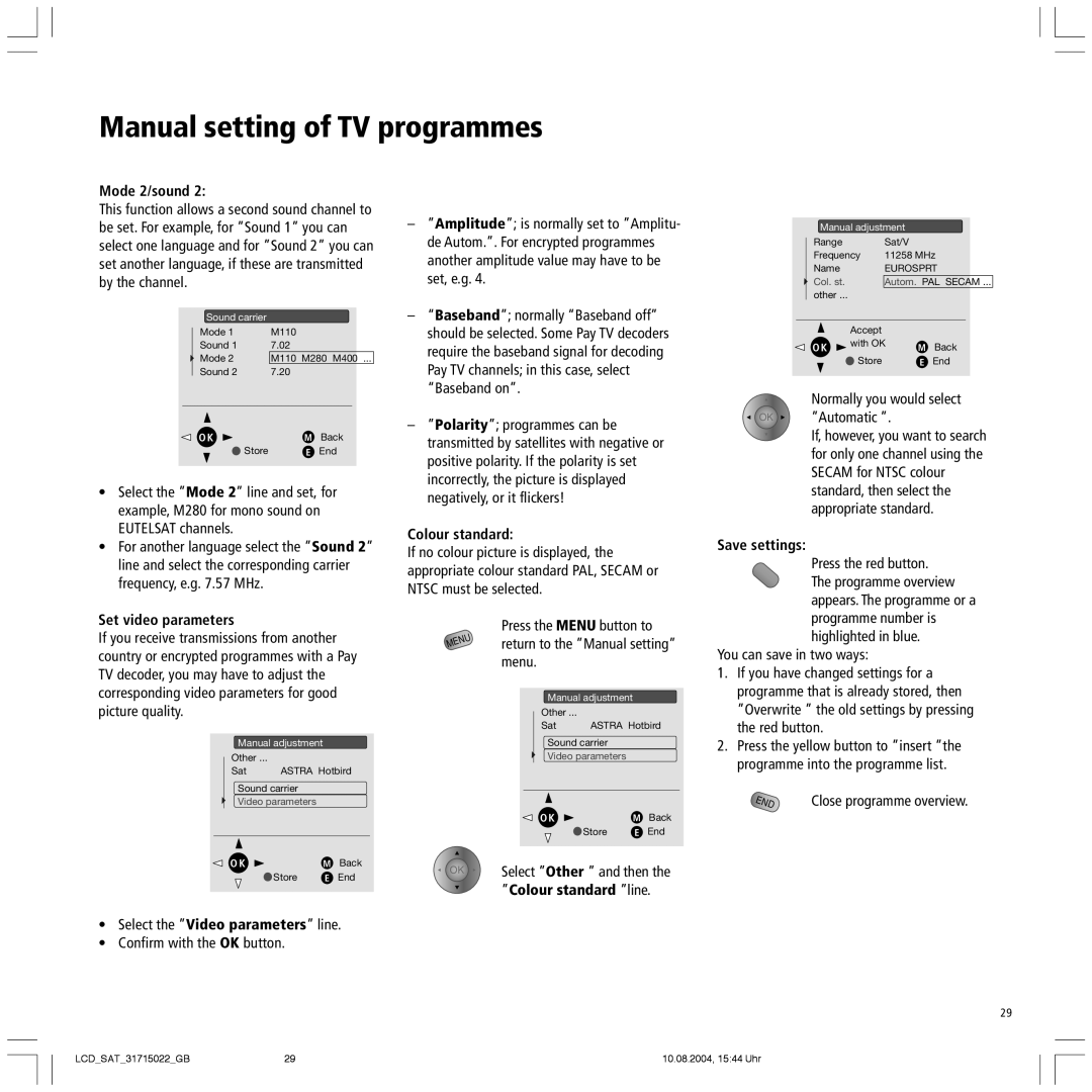 Loewe Spheros 20 SAT, Xelos SL 20 SAT Mode 2/sound, Set video parameters, Colour standard line, Save settings 