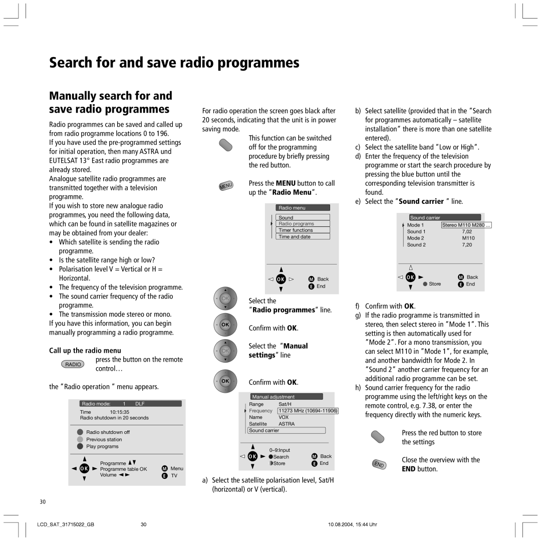 Loewe Mimo 20 SAT Search for and save radio programmes, Manually search for and save radio programmes, Settings line 