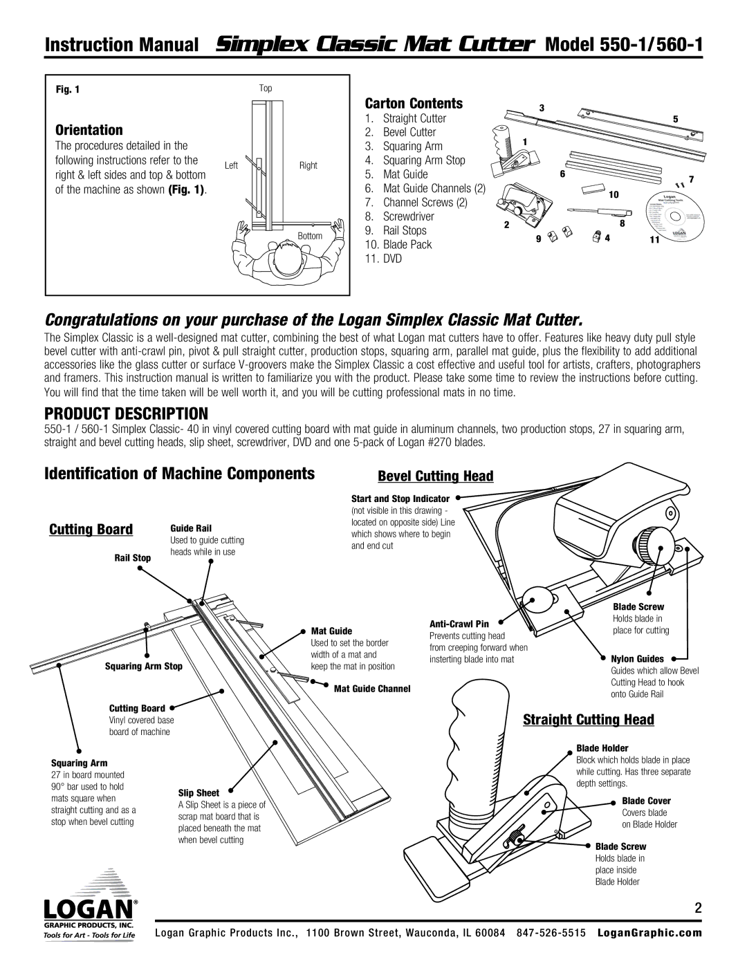 Logan Graphic Products 550-1, 560-1 Orientation, Carton Contents, Bevel Cutting Head Cutting Board, Straight Cutting Head 