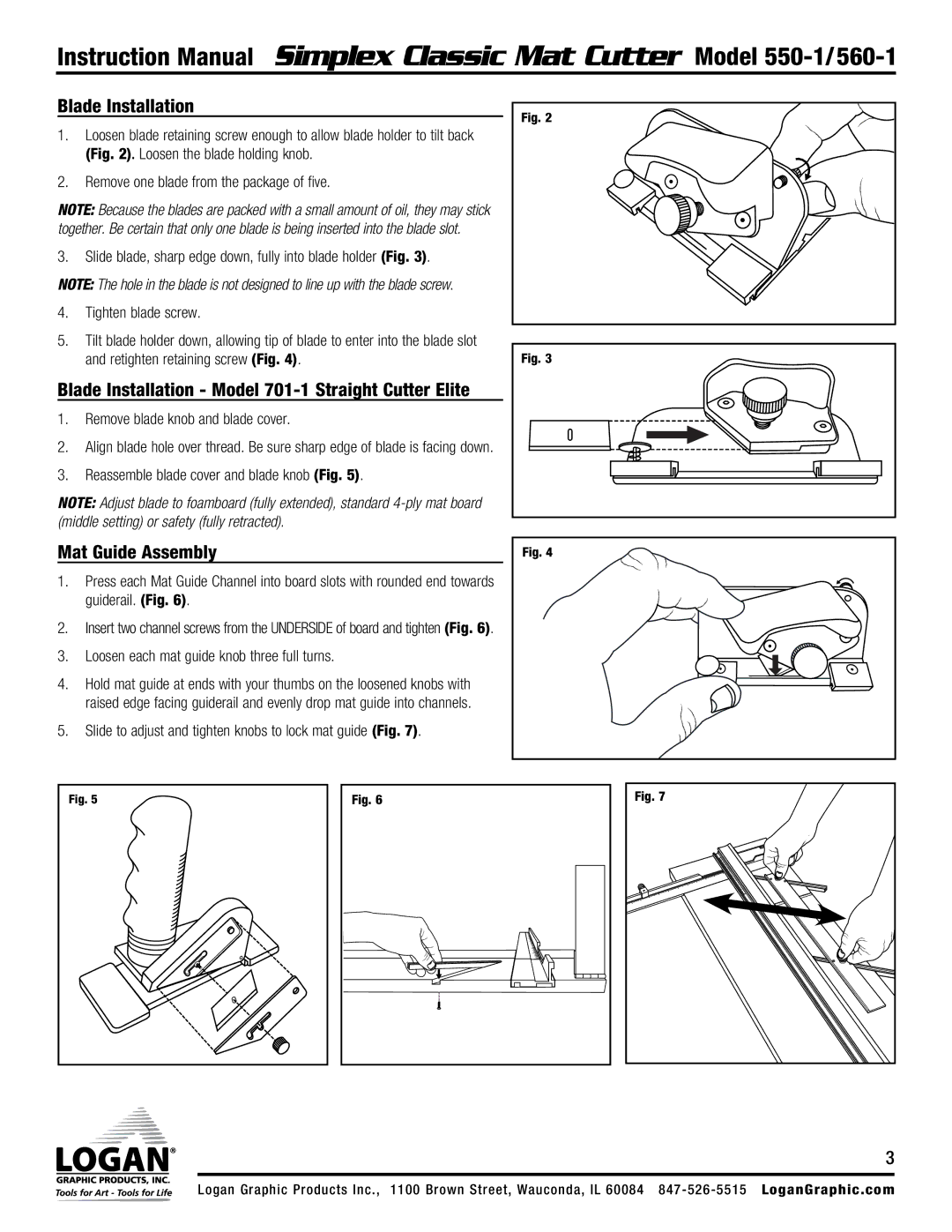 Logan Graphic Products 560-1, 550-1 Blade Installation Model 701-1 Straight Cutter Elite, Mat Guide Assembly 