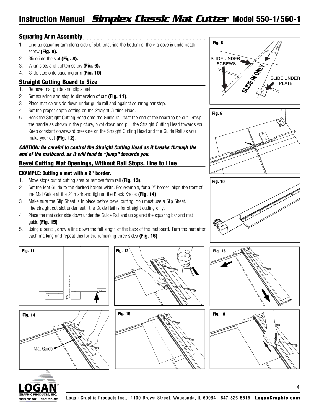 Logan Graphic Products 550-1, 560-1 instruction manual Squaring Arm Assembly, Straight Cutting Board to Size 