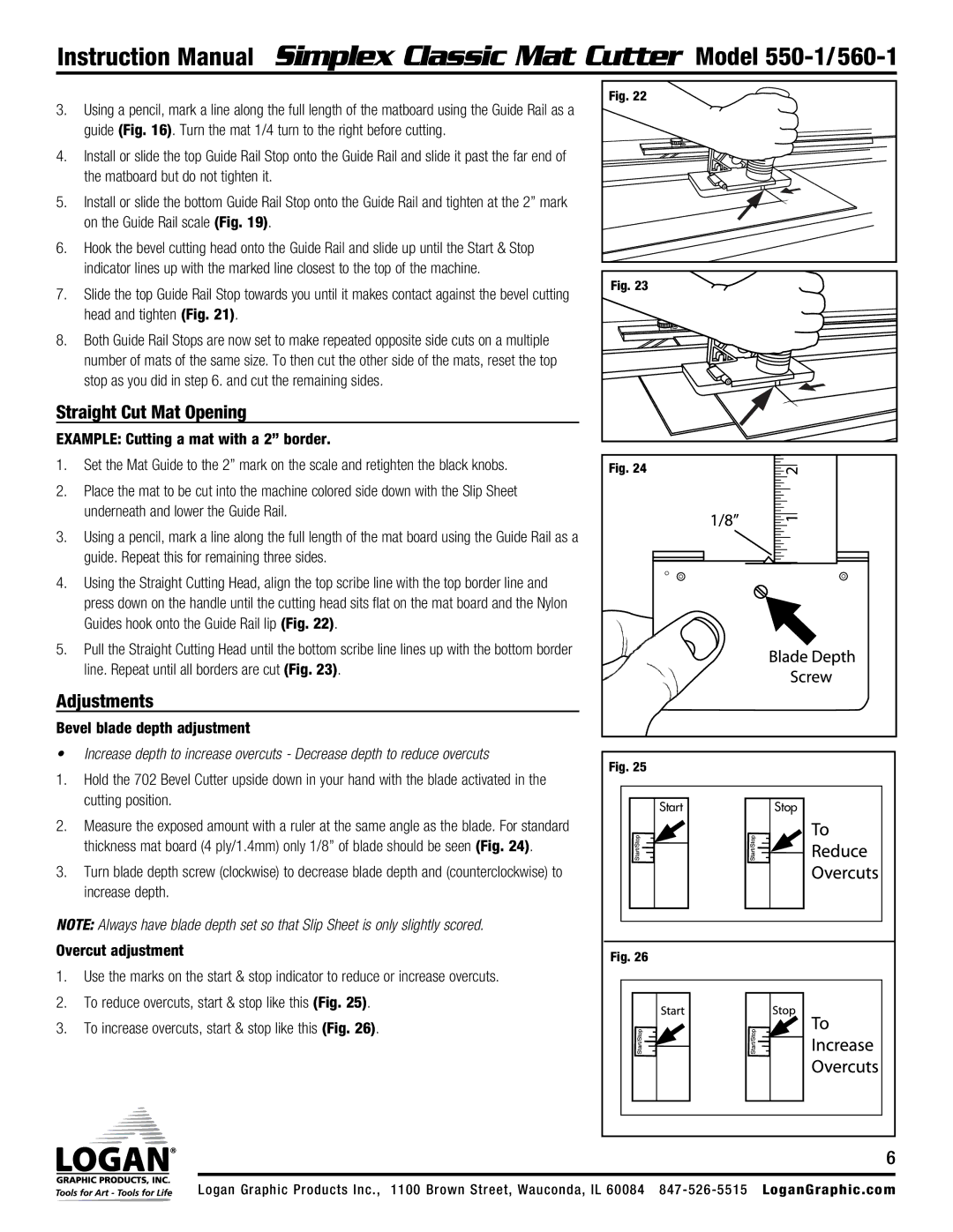 Logan Graphic Products 550-1, 560-1 instruction manual Straight Cut Mat Opening, Adjustments, Bevel blade depth adjustment 