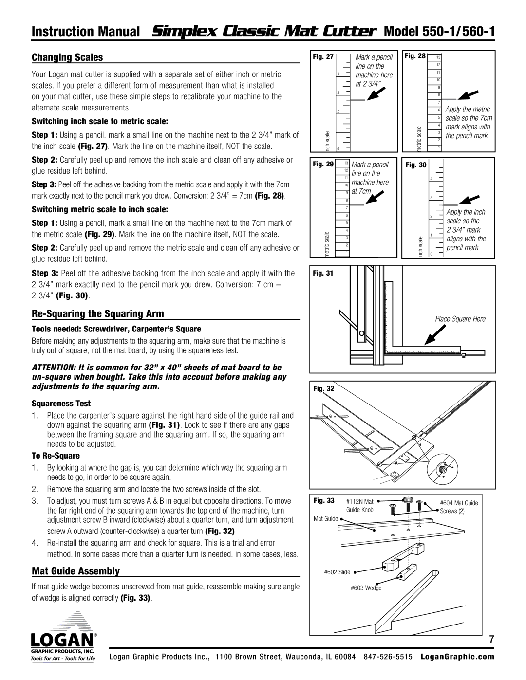 Logan Graphic Products 560-1, 550-1 Changing Scales, Re-Squaring the Squaring Arm, Switching metric scale to inch scale 