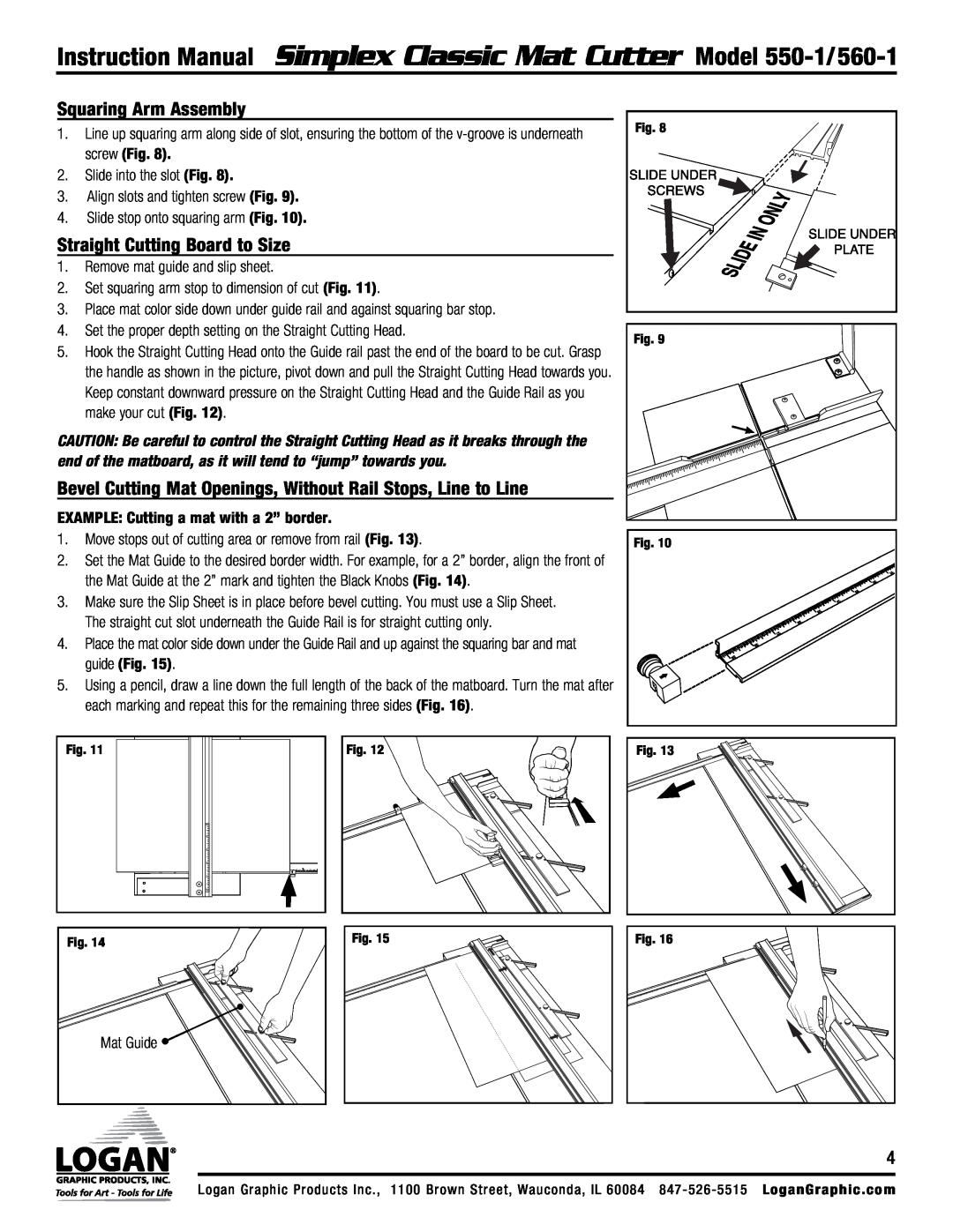 Logan Graphic Products 550-1, 560-1 instruction manual Squaring Arm Assembly, Straight Cutting Board to Size 