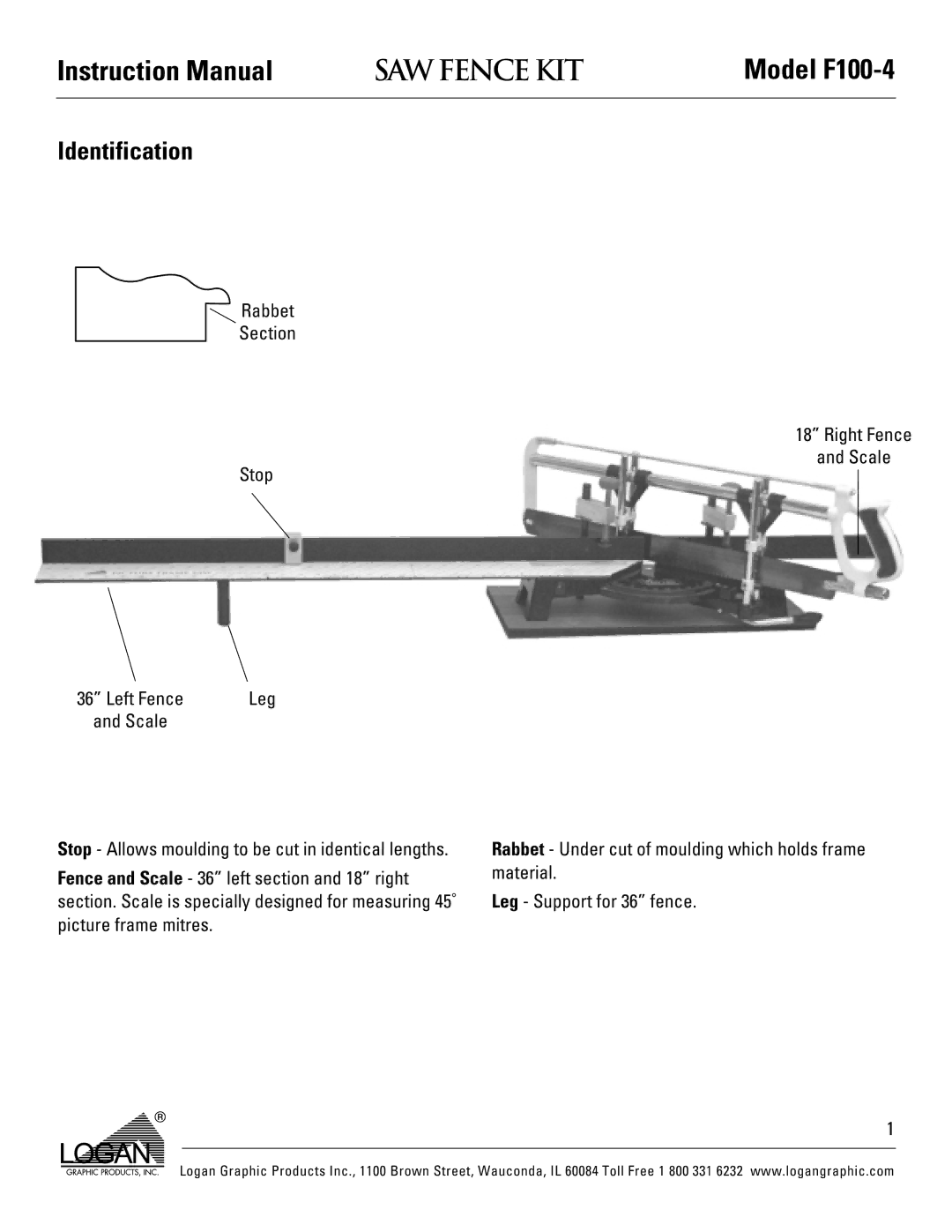 Logan Graphic Products F100-4 instruction manual Identification, Rabbet Section Right Fence Scale Stop 