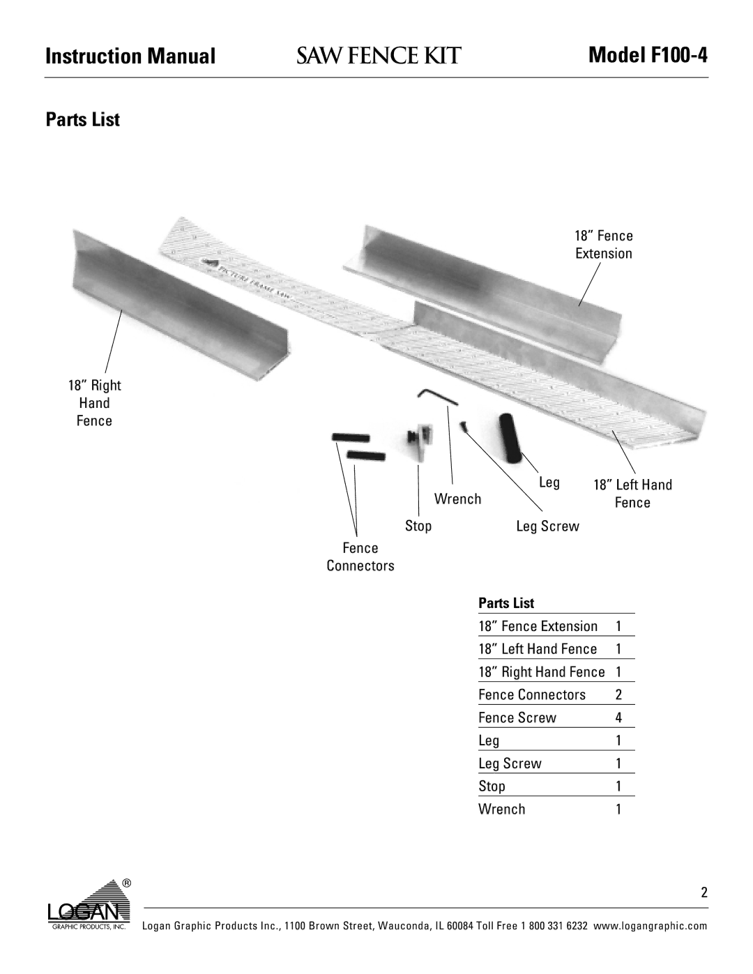 Logan Graphic Products F100-4 instruction manual Parts List 