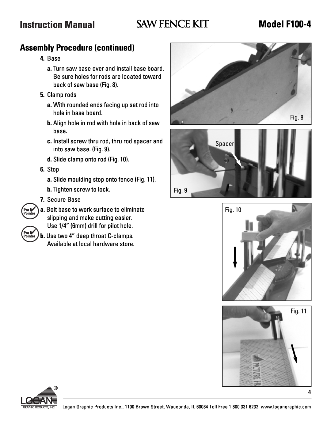 Logan Graphic Products instruction manual Assembly Procedure continued, Saw Fence Kit, Model F100-4 