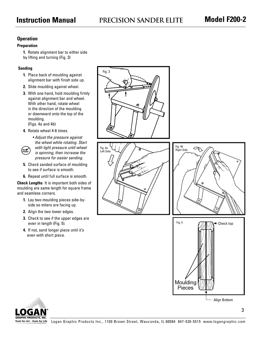 Logan Graphic Products F200-2 instruction manual Operation, Sanding 