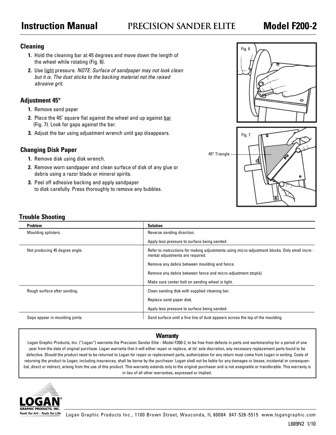 Logan Graphic Products F200-2 instruction manual Cleaning, Adjustment, Changing Disk Paper, Trouble Shooting, Warranty 