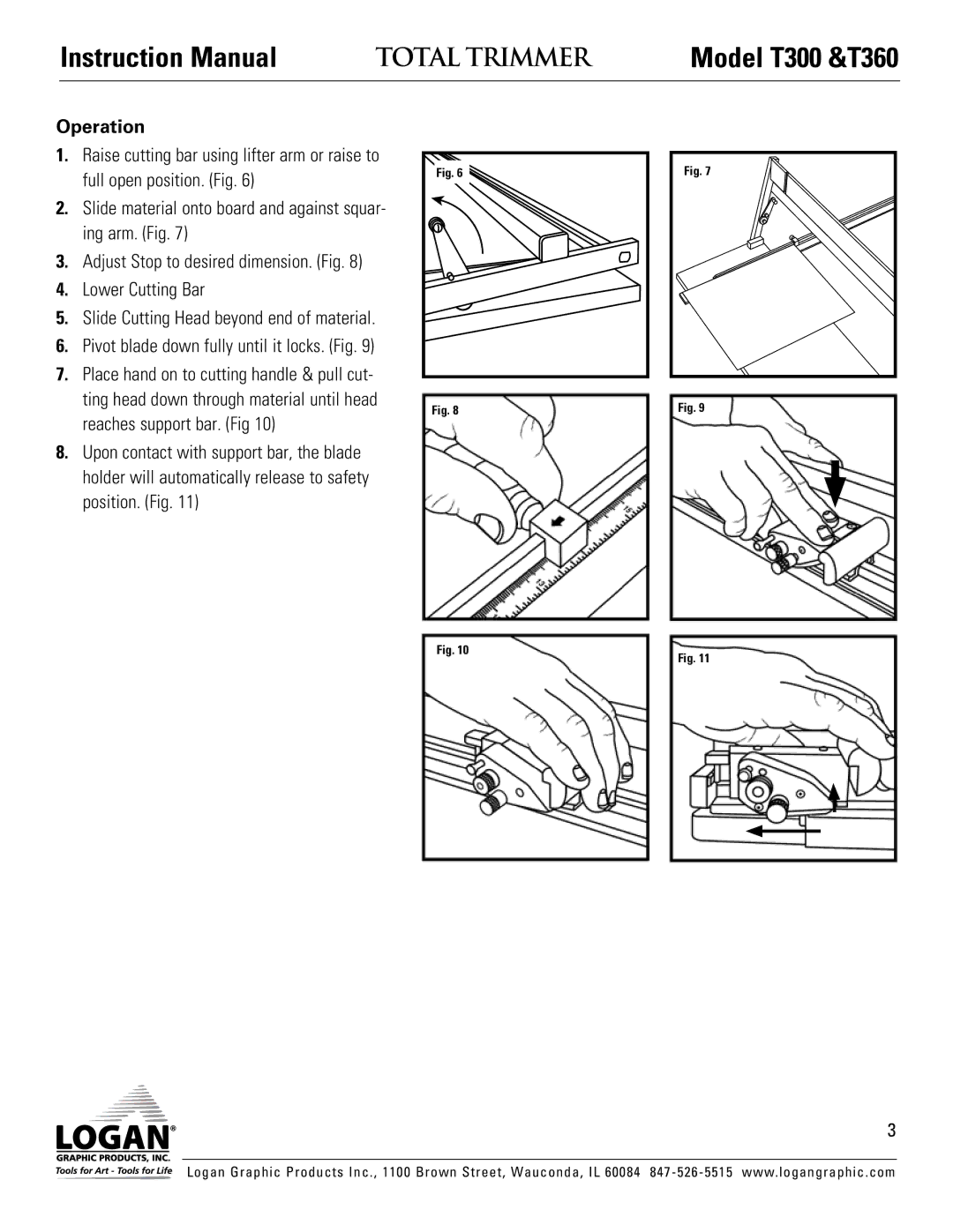 Logan Graphic Products Model T300 &T360, Operation, Full open position. Fig, Ing arm. Fig, Lower Cutting Bar 