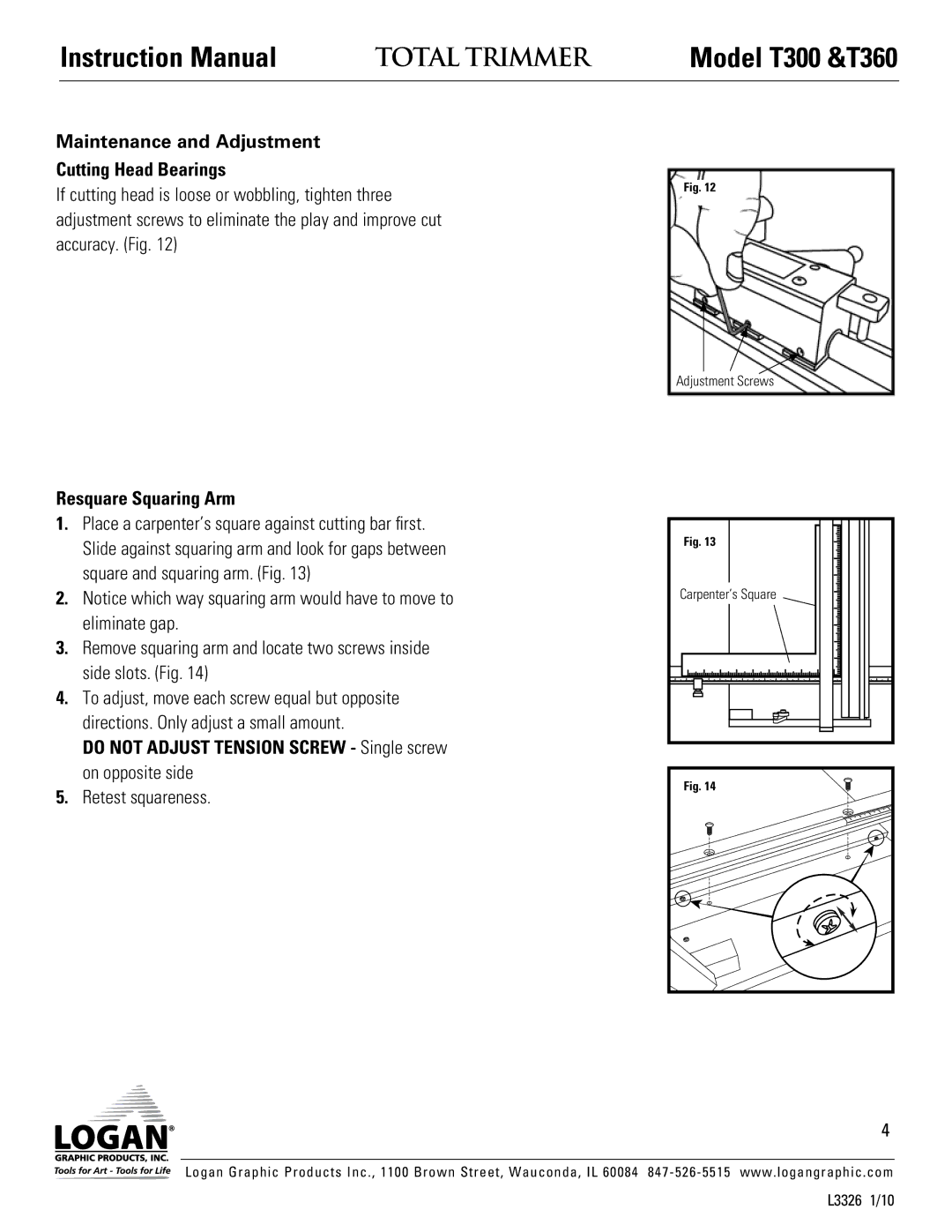 Logan Graphic Products T300, T360 instruction manual Maintenance and Adjustment Cutting Head Bearings, Resquare Squaring Arm 