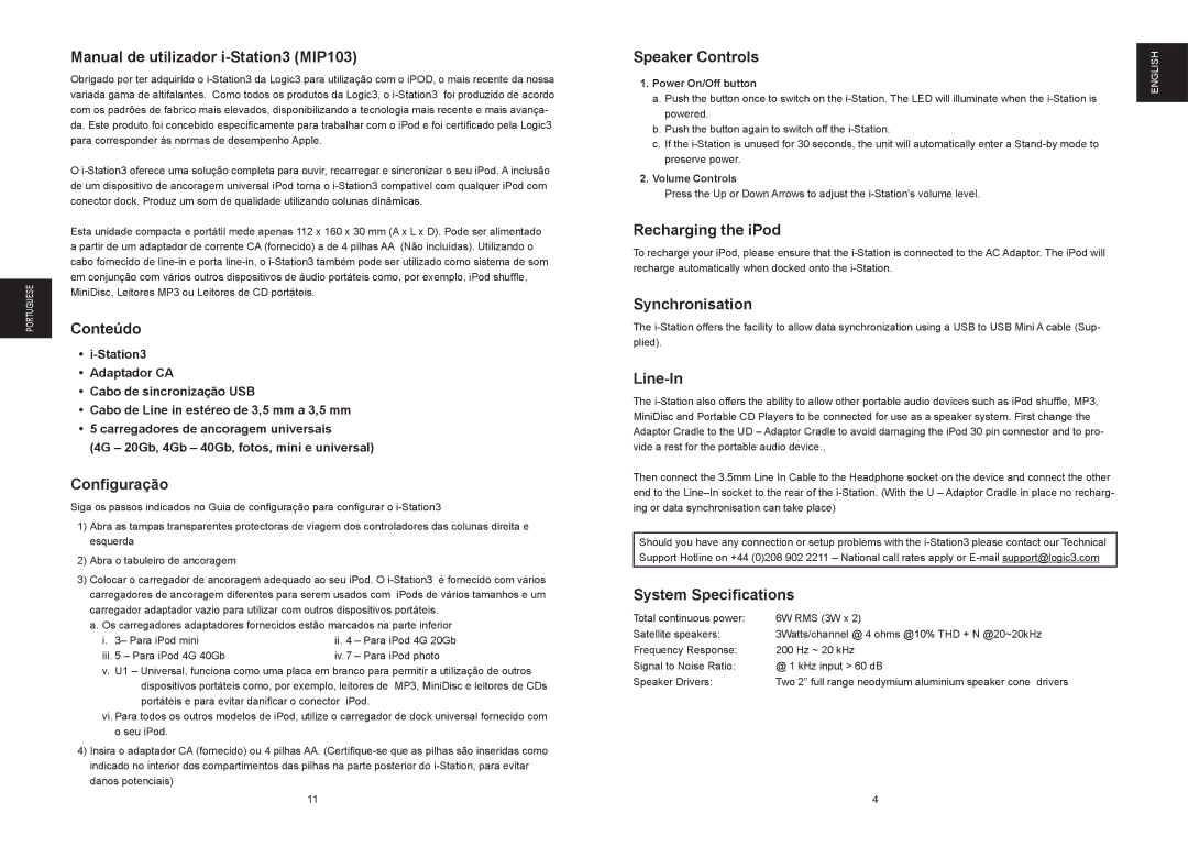 Logic 3 Logic3 Manual de utilizador i-Station3 MIP103, Conteúdo, Conﬁguração, Speaker Controls, Recharging the iPod 