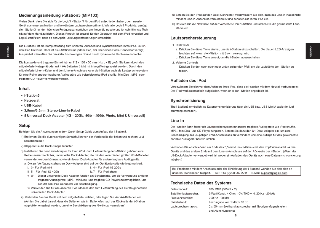 Logic 3 Bedienungsanleitung i-Station3 MIP103, Inhalt, Lautsprechersteuerung, Auﬂaden des iPod, Synchronisierung 